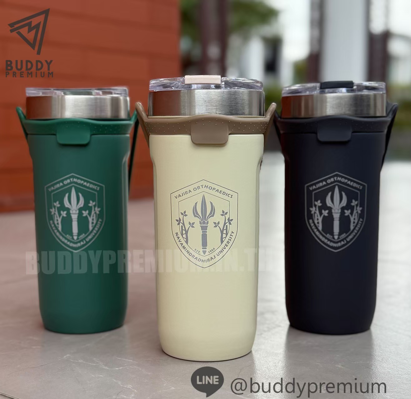 แก้วเก็บความเย็น หูหิ้วซิลิโคน tyeso รุ่นSWB084 โลโก้ VAJIRA ORTHOPAEDICS (710ml.)