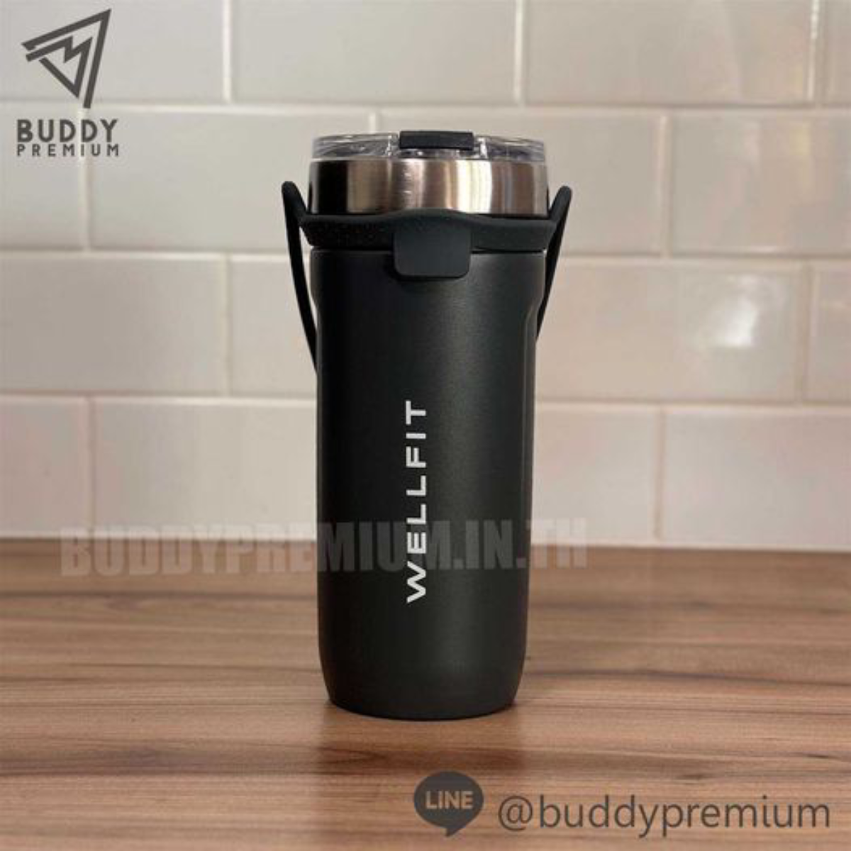 แก้วแตนเลสเก็บความเย็น หูหิ้วซิลิโคน_SWB084_WELLFIT ผลงาน แก้วแตนเลสเก็บความเย็น หูหิ้วซิลิโคน รุ่น SWB084 โลโก้ WELLFIT