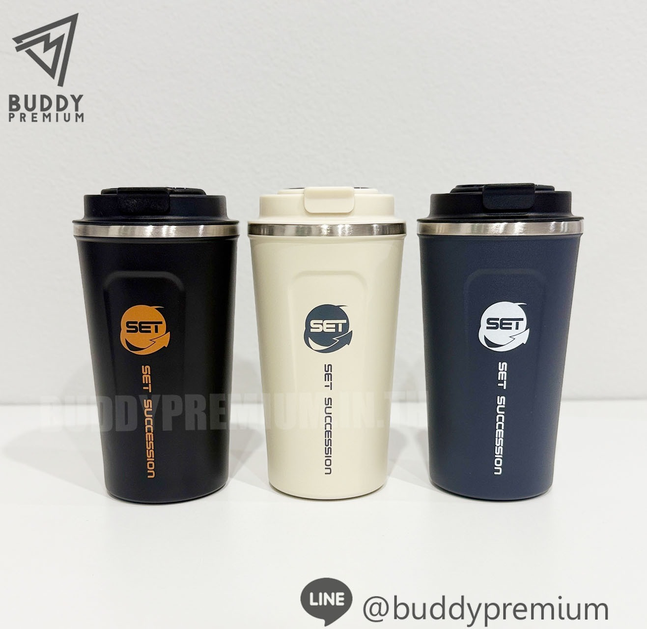 ผลงาน แก้วกาแฟ มีจอบอกอุณหภูมิ รุ่น SWB505 โลโก้ SET