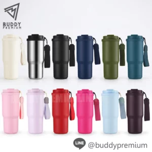 แก้วสแตนเลสเก็บอุณหภูมิรุ่น SWB312 ดีไซน์ทันสมัย มีสายคล้องมือ วางเรียง 12 สีสันสดใส บนพื้นหลังสีขาวสไตล์สตูดิโอ