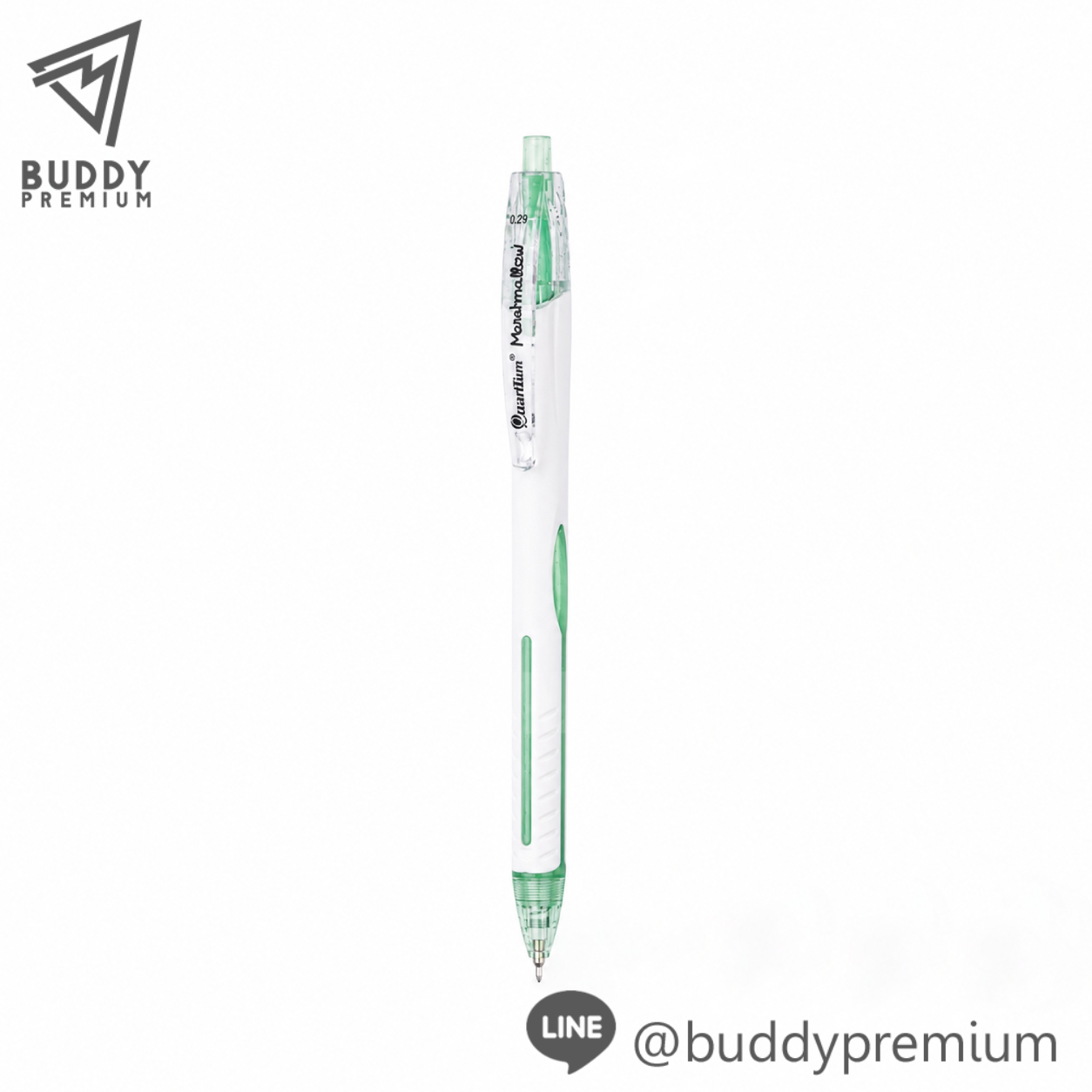 ปากกาพลาสติกลูกลื่นควอนตั้ม-มาร์ชเมลโล่-029มม-สีเขียว ปากกาพลาสติกลูกลื่น ควอนตั้ม มาร์ชเมลโล่ 0.29 มม. ด้ามสีเขียว