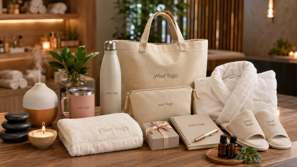 ชุดของพรีเมี่ยมสำหรับธุรกิจความงาม สปา และ Wellness เช่น กระเป๋าผ้า ผ้าขนหนู เสื้อคลุม รองเท้าแตะ กระบอกน้ำ แก้วน้ำ สมุด และของใช้สกรีนโลโก้